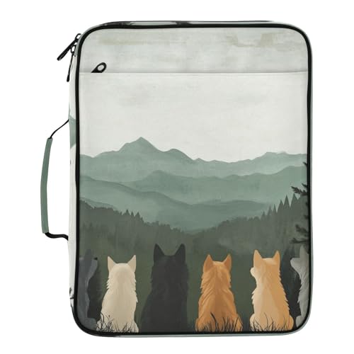 Cute Wolves Back and Green Mountain Accordion File Organizer Expanding File Folder Zipper Binder 3 Ring with Handle 500 Sheets Capacity Document Organizer Storage Bag Multi Pockets Design - color: Cute Wolves Back and Green Mountain