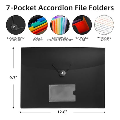 Accordian File Organizer 7 Pocket Expanding File Folder with Labels, Plastic Expandable File Folder for Documents Letter Size A4 Papers - 4-Pack Black - size: 4-Pack 7 Pocket
