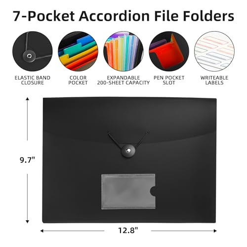 Accordian File Organizer 7 Pocket Expanding File Folder with Labels, Plastic Expandable File Folder for Documents Letter Size A4 Papers - 2-Pack Black - size: 2-Pack 7 Pocket