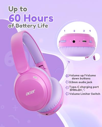 Acer Kids Bluetooth Headphones, 85/94dB Volume Limiter, Foldable Wireless Over-Ear Headphones for iPad, Travel, 60H Playtime, Bluetooth 6.0, Built-in Mic, Pink - color: Pink