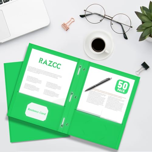 Two Pocket Folders, RAZCC 75 Pack Two Pocket Folders with Prongs, 3 Prong Folders Fit Letter Size Paper, Pocket File Folders for School Office Home Business, Green - color: Green