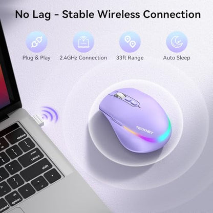 TECKNET Wireless Mouse Jiggler, Rechargeable Mouse with Built-in Mouse Mover, 6 Adjustable DPI & 14 LED Modes, Silent Click, Undetectable Random Movement Keeps Computer Awake for Laptop/PC/Mac- Purple - color: Purple