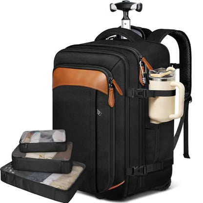 Vancropak Travel Backpack with Wheels, Rolling Backpack Fits 17.3" Laptop | Flight Approved Wheeled Luggage, Expandable Business Travel Suitcase, Womens Work Backpack, 3 Packing Cubes, Water Resistant - color: Black Brown