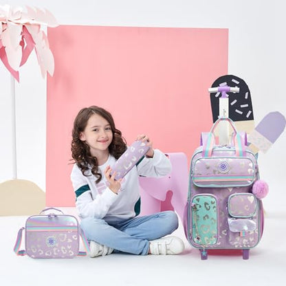 Kids Rolling Backpack with Wheels for Girls Roller Travel Luggage Kids Carry on School Backpack for Girls Ages 6-8 Purple - color: A Purple Love