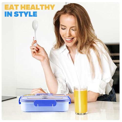 EASYFUN Bento Box Adult, Lunch Box, 4-Compartment Lunch Containers, Drop-Proof, Dishwasher Safe & Made with BPA-Free Materials (Blue) - color: Blue