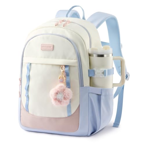 LOVEVOOK School Backpack for Teen Girl, Cute Student Bookbag Fits 15.6 Inch Laptop, Back to School Backpack Purse for Teenagers, Casual Daypack Kid Back Pack Travel Bag, Gift - color: Beige-pink-blue, size: 15.6 Inch