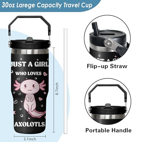 Queen Hero 30 oz Axolotls Tumbler with Handle, Large Insulated Tumbler with Flip & Straw Coffee Mug Cup Stainless Steel Gifts for Women Men Youth - color: Axolotls