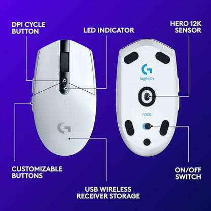 Logitech G305 Lightspeed Wireless Gaming Mouse, Hero Sensor, 12,000 DPI, Lightweight, 6 Programmable Buttons, 250h Battery, On-Board Memory, Compatible with PC, Mac - White - color: White, style: Classic