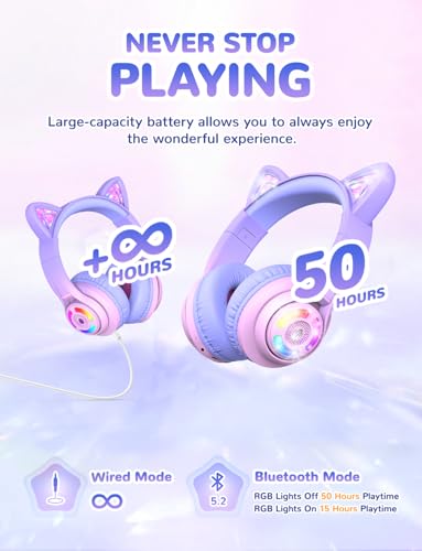 iClever BTH13 여아용 아동용 블루투스 헤드폰, LED 고양이 귀 여행 선물 | SafeSound Tech, 50시간 재생, USB C 충전, AUX 케이블, 스테레오 사운드, 태블릿 PC용 마이크가 있는 아동용 헤드폰 무선 - color: 핑크 그라데이션.