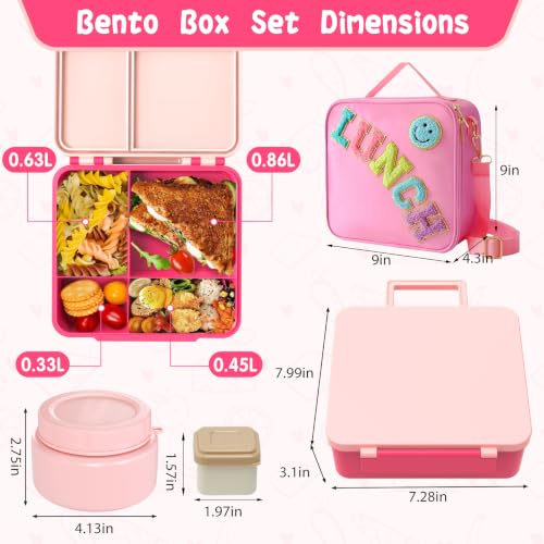 Aimsnk Lunch Box Kids with Thermo Insulated Lunch Bag for School, Pink | Bento Lunch Box for Kids with 8oz Food Jar, Leak Proof Hot Lunch Containers with 4 Compartment, Warm Lunchbox for Toddler - color: Pink