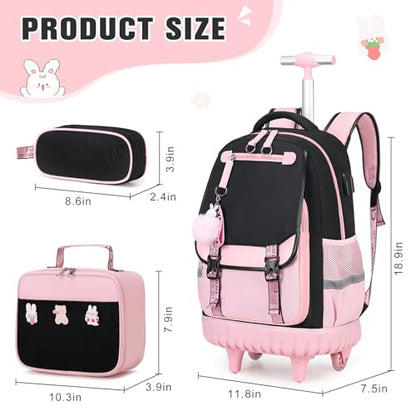 Bevalsa Rolling Backpack for Girls, 3PCS Roller School Backpacks with Lunch Box & Pen Case, Kids Bookbag Schoolbag with Wheels for Teen Girl Kindergarten Elementary Middle School - color: Black Pink