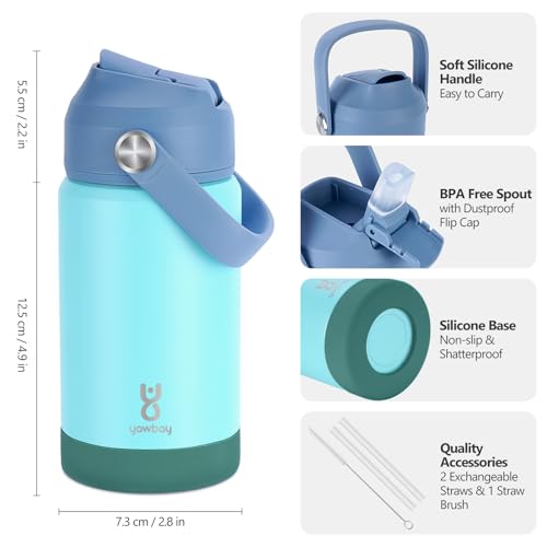 Kids Insulated Water Bottle with Straw Lid & Silicone Handle,12oz Kids Leak Proof Water Bottle for School Boys Girls,Double Wall Vacuum Stainless Steel with Non-slip Silicone Base(Light Green) - color: Bluish Green, size: 12 Ounces