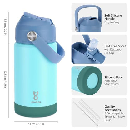 Kids Insulated Water Bottle with Straw Lid & Silicone Handle,12oz Kids Leak Proof Water Bottle for School Boys Girls,Double Wall Vacuum Stainless Steel with Non-slip Silicone Base(Light Green) - color: Bluish Green, size: 12 Ounces