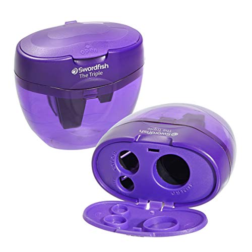 Swordfish ‘The Triple’ Three Hole Pencil Sharpener with Mess-Free Canister [Pack of 1] 8-16 mm [40228s], Purple - size: pack of 1