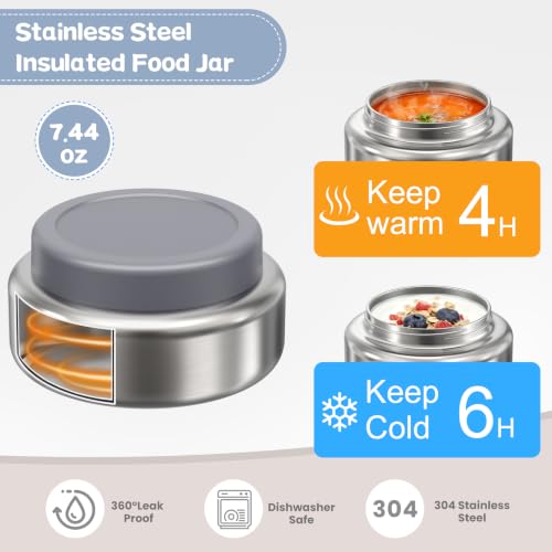 Pawtong Stainless Steel Bento Box Kids Adult with 7oz Insulated Food Jar, Transparent Lid Metal Lunch Box With Soup Thermal Jar, Lunch Box Container with Removable Divider & Sauce Cup School (Grey) - color: Gray