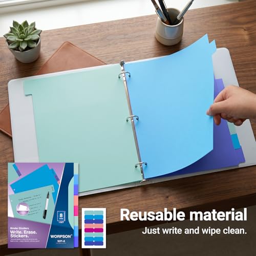 8 Tabs Durable Plastic Write & Erase Large Tabs Dividers for 3 Ring Binders, Rectangle Binder Dividers with Sticker for Study, Teacher, Office, Home Organizers (Multi A, 1 Set (8 Tab)) - size: 1 Set (8 Tab)