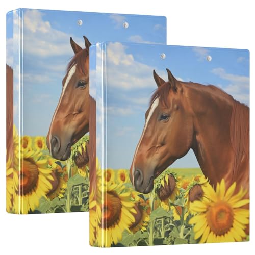 Fustylead Beautiful Horse in Sunflower Field and Blue Sky 3 Ring Binder, D-Rings 1.5" Hardcover Folder, Fits 200 Sheets of A4 Paper, Durable Clipboard & Clean View with Inside Pockets for School Home - size: 12.4x10.63x2.36 Inch-2 Pack