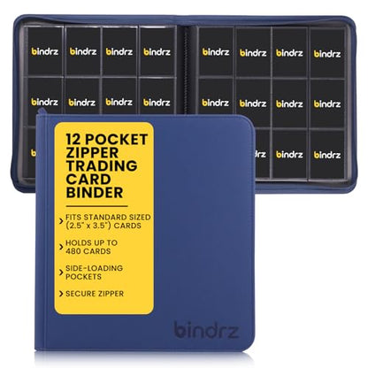 bindrz 12 Pocket Zipper Binder for 480 Sleeved Trading Cards - Side Loading Pockets Album - Archival Safe Material and Compatible with TCG MTG and Sports Collectibles (Blue) - color: Blue
