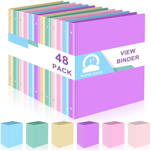 Fulmoon 48 Pack 3 Ring Plastic Binders 1 Inch Bulk with 2 Pockets, Flexible Binder Loose Leaf Hardcover, Fit 12" x 10" US Letter Size Paper, for School Office Home, 6 Colors(Macaron) - color: Macaron, size: 1 Inch