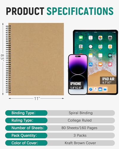 Dynta Large Spiral Notebooks 8.5 "x 11" Lined 3Pcs College Ruled Journals for Work, School And Travel, Good for Students and Office, 160 Pages/80 Sheets with 100 GSM Lined Paper(Kraft Brown) - color: Brown