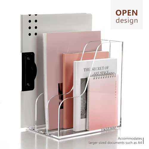 SANRUI Acrylic File Organizer, Compact Desk Organizer for Folders, Binders, Notebooks, Envelopes, Clear Magazine File Holder, 3 Section Bookshelf for School Home Office Organization, A4 Size - size: A4,3 Sections