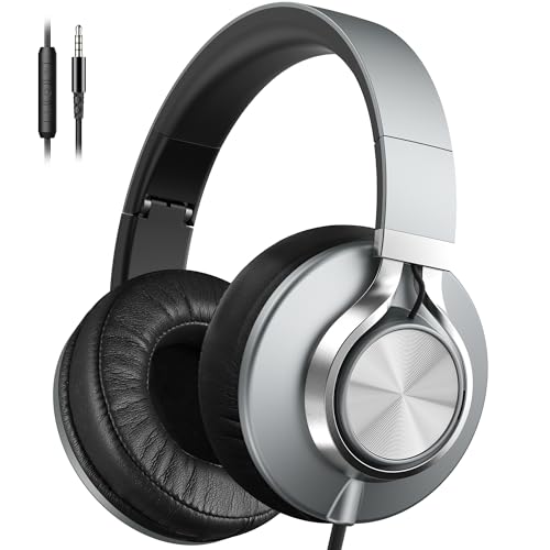 AILIHEN Wired Headphones with Microphone Volume Control, Noise Isolating Over Ear Headphones Wired 3.5mm, Super Soft Corded Headphone for Cellphones, Tablet and Chromebook (Grey) - color: Grey