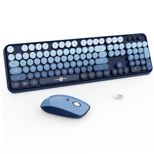 FOPETT Wireless Keyboard and Mouse Combo - 2.4G Full-Sized Cute Colorful Mouse and Keyboard with 104 Round Keys Retro Typewriter Keyboard for Laptop/Windows/PC - Blue Gradient - color: V2020 Blue Gradient