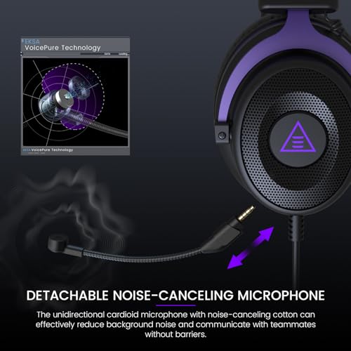 EKSA E900 Headset with Microphone for PC, PS4,PS5, Xbox - Detachable Noise Canceling Mic, 3D Surround Sound, Wired Headphone for Gaming, Computer, Laptop, 3.5MM Jack - color: Purple