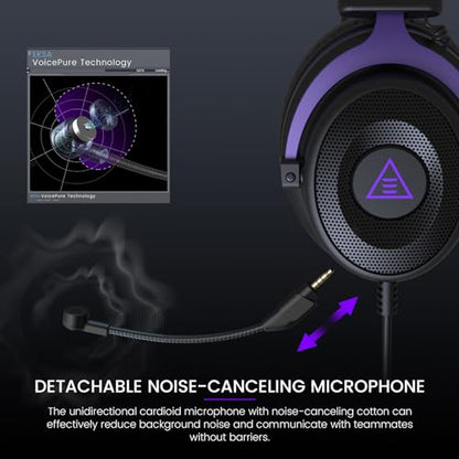 EKSA E900 Headset with Microphone for PC, PS4,PS5, Xbox - Detachable Noise Canceling Mic, 3D Surround Sound, Wired Headphone for Gaming, Computer, Laptop, 3.5MM Jack - color: Purple