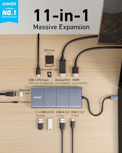 Anker USB-C Hub, 11-in-1 Docking Station Dual Monitor with 4K HDMI and DP | 1 USB-C and 1 USB-A 10Gbps Data Ports, 2 USB 2.0 Data Ports, 4K HDMI and DisplayPort, 85W Max PD, Ethernet, for XPS and More