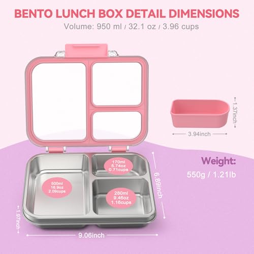 Stainless Steel Bento Box for Kids, 3-Compartment Metal Lunch Box with Clear Lid & Removable Silicone, Lunch Box Kids with Silicone Inner Container for Meal Prep, School, Office (Pink) - color: Pink
