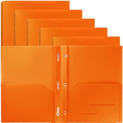 Youngever 6 Pack Heavy Duty Plastic Two Pocket Folders with 3 Prongs, Metal Prongs Fastener, Heavy Duty Plastic 2 Pocket Folder (Orange) - color: Orange