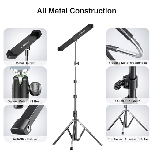 elitehood Diagonal iPad Tripod Stand, 72in Gooseneck Tablet Floor Stand | Quick Lock & Easy Use Diagonal iPad Holder, Heavy Duty Aluminum Tall iPad Stand for Pro 13 11, Mini, Air and 9-13" Tablets - size: 9–13" · Diagonal Clamp