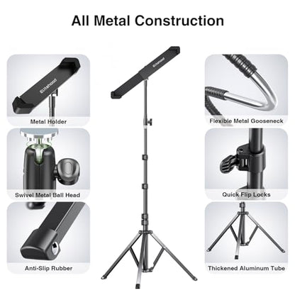 elitehood Diagonal iPad Tripod Stand, 72in Gooseneck Tablet Floor Stand | Quick Lock & Easy Use Diagonal iPad Holder, Heavy Duty Aluminum Tall iPad Stand for Pro 13 11, Mini, Air and 9-13" Tablets - size: 9–13" · Diagonal Clamp