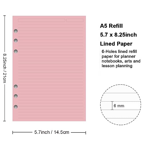 A5 Filler Paper, 6 Hole Notebook Refills Paper for 6 Ring Refillable Binder, 110 Gsm 5-Color Loose Leaf Planner Refill Paper, 100 Sheets/200 Pages, 5.7x8.3 Inch - color: yellow