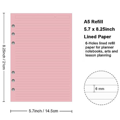 A5 Filler Paper, 6 Hole Notebook Refills Paper for 6 Ring Refillable Binder, 110 Gsm 5-Color Loose Leaf Planner Refill Paper, 100 Sheets/200 Pages, 5.7x8.3 Inch - color: yellow