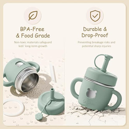 Fimibuke Sippy Cups for Toddlers, 10 OZ Spill Proof Kids Cup, Leak Proof Stainless Steel Tumbler with Handle, Silicone Straw & Sleeve, BPA Free Dishwasher Safe Girl Boy Kids Water Bottle, 2 Packs - color: Latte & Cream