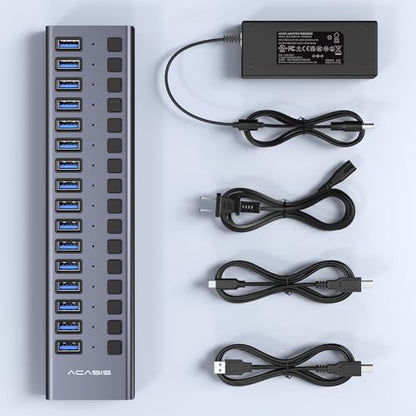 Powered USB 3.2 Hub, ACASIS 16 Ports USB 3.2 Hub with 10Gbps Data Speed，Aluminum Housing, USB Hub Powered with 96W Power Adapter, USB Hub for PC/Laptop, Computer, Flash Drive, Printer, Camera - size: 16 ports