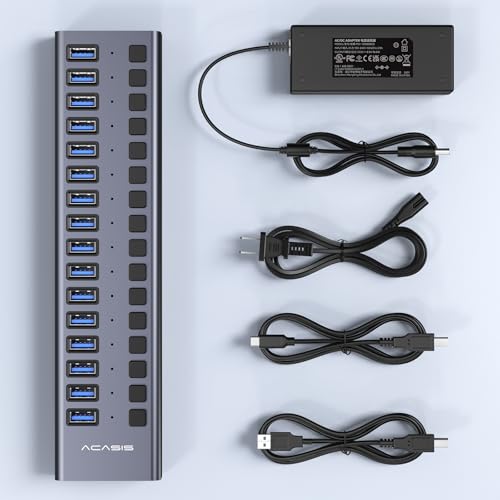 Powered USB 3.2 Hub, ACASIS 16 Ports USB 3.2 Hub with 10Gbps Data Speed，Aluminum Housing, USB Hub Powered with 96W Power Adapter, USB Hub for PC/Laptop, Computer, Flash Drive, Printer, Camera - size: 16 ports