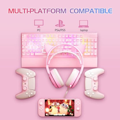 SOMIC G951pink Gaming Headset for PC, PS4, PS5, Laptop, Cat Ear Headphone USB Gaming Headphones with Mic Noise Cancelling, LED Light, 7.1 Virtual Surround Sound for Girls, Women - color: Pink