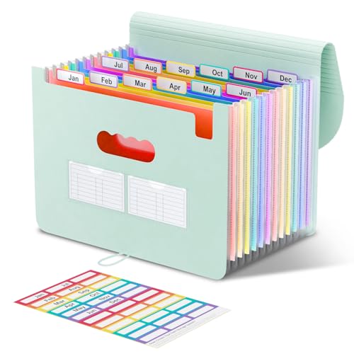 ThinkTex Accordion File Organizer, 12 - Pocket Expanding File Folders | for Receipts, Bills & Taxes Organizer, Letter/A4 Size Document Holder for School, Office, Home with tabs-Sage Green - color: Sage Green