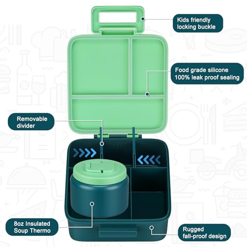 MAISON HUIS Bento Lunch Box with 8oz Soup Thermo, 5-Compartment Leak-Proof Container, Thermo Hot Food Jar and Insulated Lunch Bag, BPA Free,Travel, School (Green) - color: Green