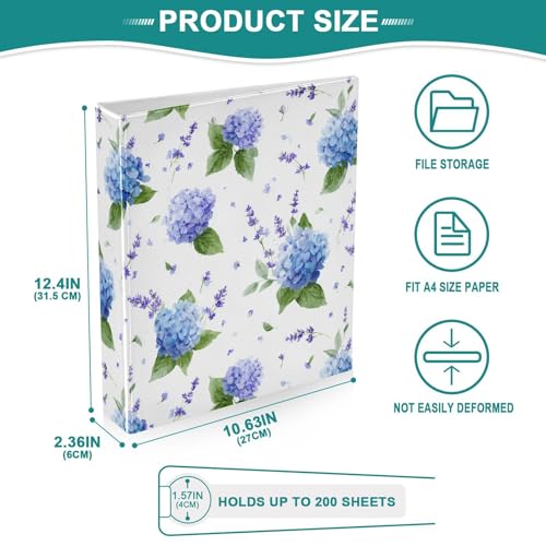 Blue Hydrangea and Lavender Binder 3 Ring 1.5 Inch Binder with Clipboard&Pockets, Hardcover Binders Heavy Duty Large File Folder for Office School Supplies - Holds 200 Sheets - color: Blue Hydrangea and Lavender, size: 1 Pack-12.4x10.63in