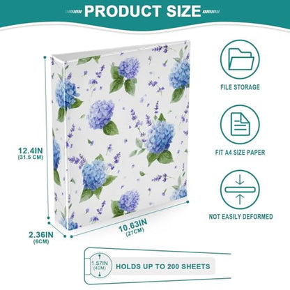 Blue Hydrangea and Lavender Binder 3 Ring 1.5 Inch Binder with Clipboard&Pockets, Hardcover Binders Heavy Duty Large File Folder for Office School Supplies - Holds 200 Sheets - color: Blue Hydrangea and Lavender, size: 1 Pack-12.4x10.63in