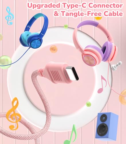 Bywulanda USB-C Kids Headphones with Mic, Safe Volume Limiter 85/94dB, Adjustable Headband, Foldable Wired Headphones for Boys & Girls, Over Ear Headphones for School/Chromebook/Tablet/Laptop/Travel - color: Bright pink