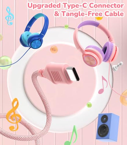 Bywulanda USB-C Kids Headphones with Mic, Safe Volume Limiter 85/94dB, Adjustable Headband, Foldable Wired Headphones for Boys & Girls, Over Ear Headphones for School/Chromebook/Tablet/Laptop/Travel - color: Bright pink