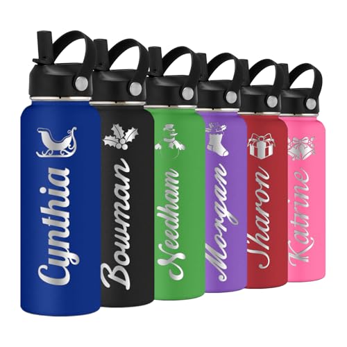 Personalized Water Bottle with Straw Lid for School,Custom Engraved Insulated Stainless Steel Sports Water Bottle with Name for Girls Boys Women Men(24oz/32oz/40oz,12 Colors) - color: Navy, style: Christmas