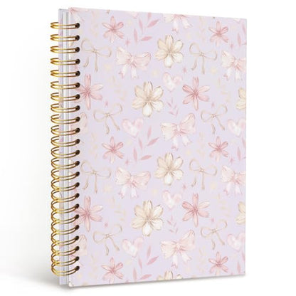 MOFUYU Cute Preppy Purple Bow Notebook Journals Diary | Preppy Cute Purple School Supplies for Teen Girls Women,Floral Hardcover Spiral Notebook A5 - color: Purple(pink)
