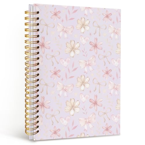 MOFUYU Cute Preppy Purple Bow Notebook Journals Diary | Preppy Cute Purple School Supplies for Teen Girls Women,Floral Hardcover Spiral Notebook A5 - color: Purple(pink)