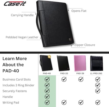 Case-it Zipper Padfolio | Letter Size | 3-Ring Binder | PAD-40 Black | Executive, Removable 3-Ring Binder, Letter Size Writing Pad, 6-Pack, School & Office - color: Pad-40-black-c, size: 6 Pack